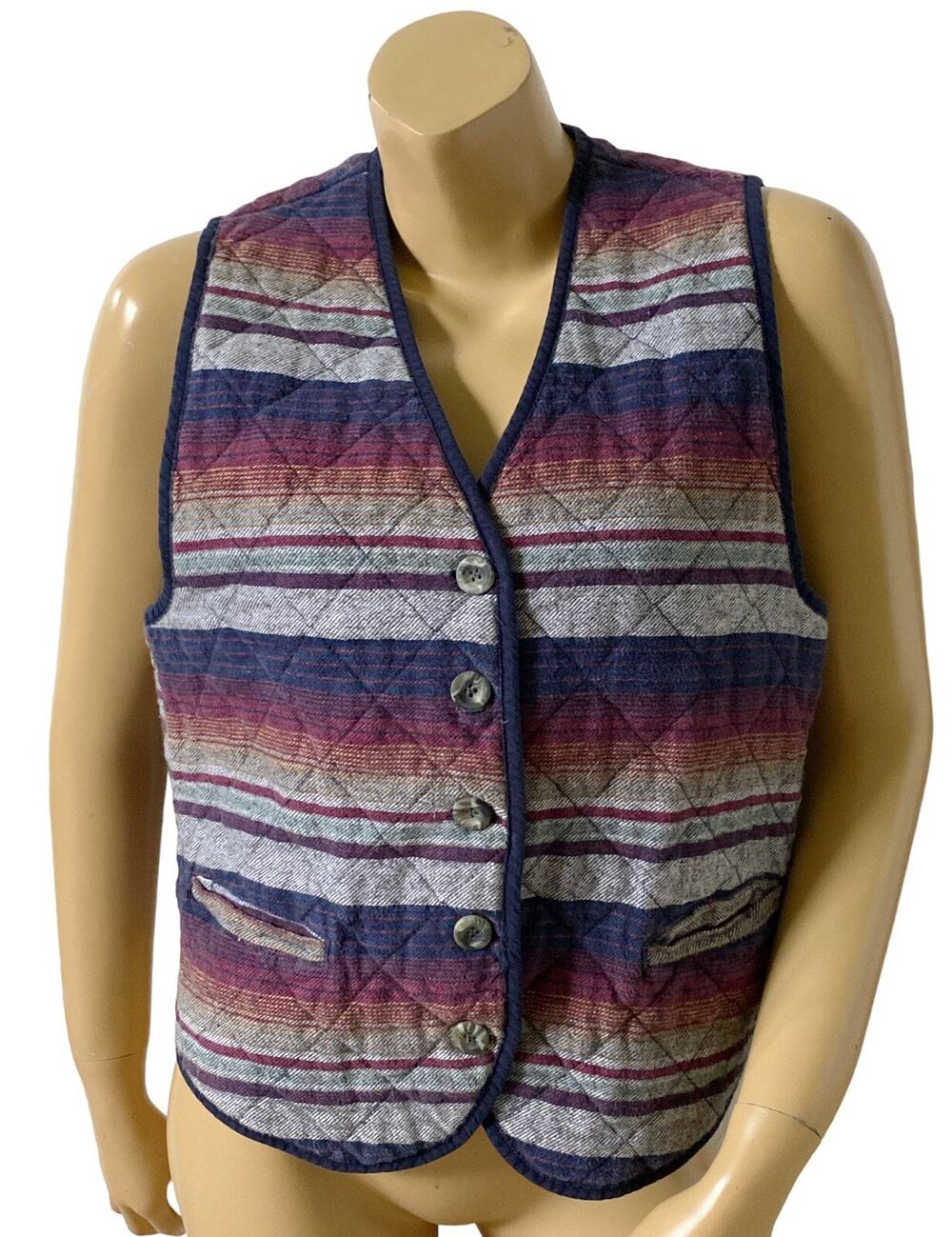 Energie by Currants Vest Womens L Vintage Quilted Striped Cotton Button Front